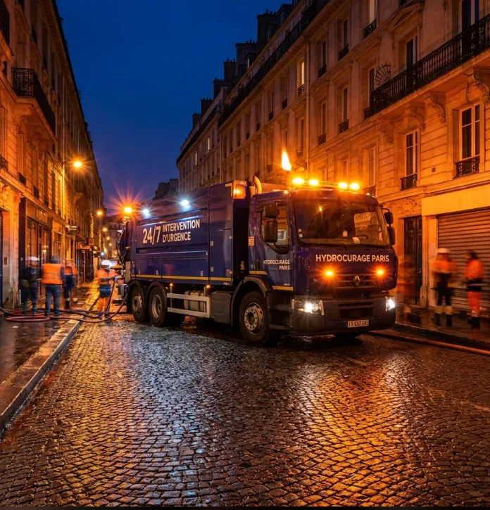 Camion d'hydrocurage et plombiers en intervention de débouchage de nuit à Ivry-sur-Seine